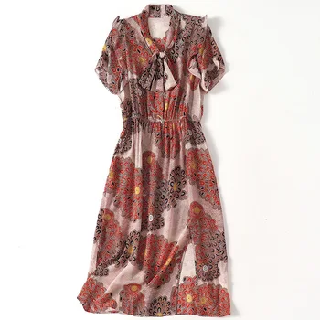 

100% Printed Silk Women Vintage A-Line V Neck Dress Summer Spring Elegant Floral Simple Knee-Length Vintage High Quality Dress