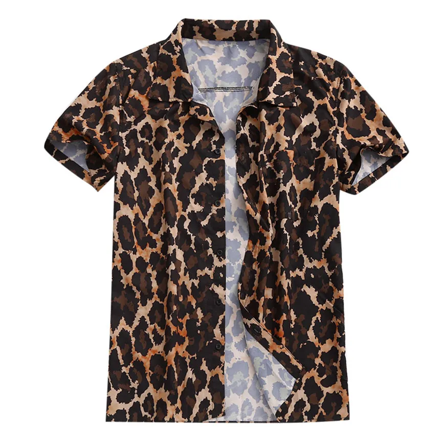 KLV Shirts Men's Summer Fashion Casual Lapel Leopard Short Sleeve Shirt Top Blouse Camisas Hombre Comfortable Leisure Shirt