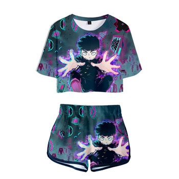

New Printed Women Mob Psycho 100 two piece set New design Oversize short sleeve and Short Mob Psycho 100 Pants O-neck Summer Set