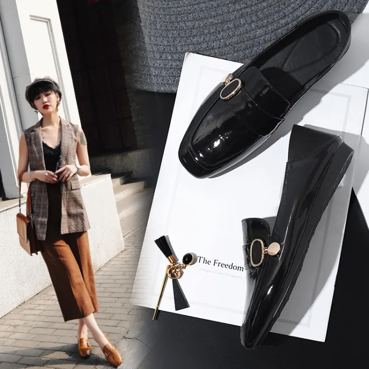 

2018 Spring Genuine Leather Metal Buckle WOMEN'S Shoes Flat Heel Double Purpose Retro WOMEN'S Shoes Step on with Loafers Flat Sm