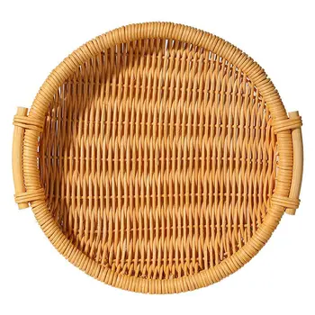 

Hand Woven Handmade Rattan Storage Tray Round Basket with Handle Bread Fruit Storage Tray Dessert Wicker Serving Tray Basket..