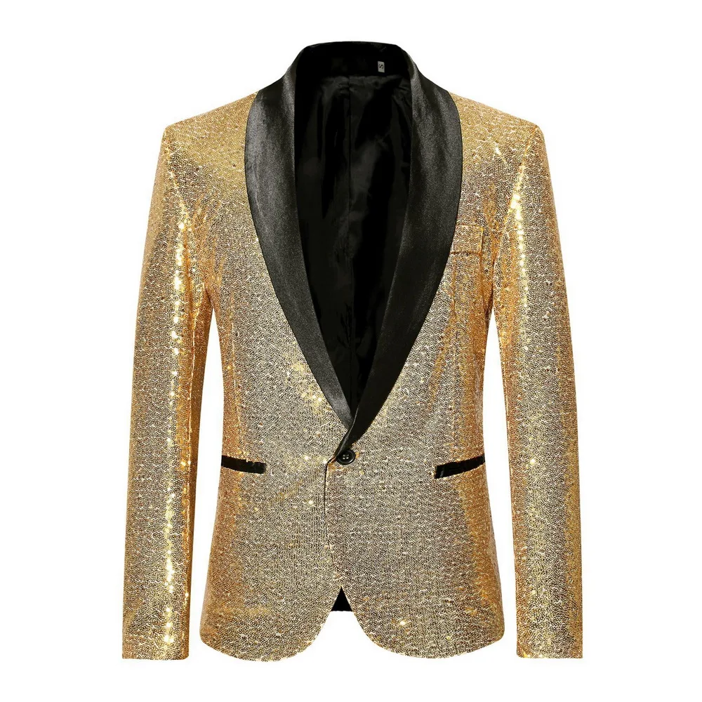CYSINCOS мужской костюм с блестками, пиджак, блестящий золотой блестящий мужской пиджак с воротником-шалью, клубный DJ пиджак, одежда для сцены, певцы, свадьба - Цвет: Gold