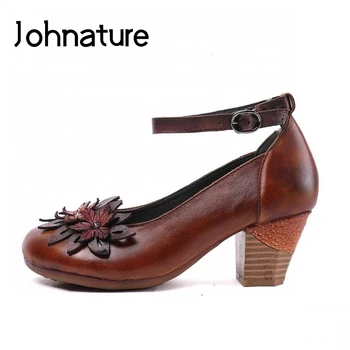 

Johnature Retro Genuine Leather Pumps Women Shoes Round Toe Casual Buckle Strap 2020 New Autumn Wedges Flower Ladies Shoes