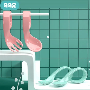 

AAG 2Pcs/set Safety Baby Spoon Fork Set BPA Free Child Traning Learning Tableware Flatware Children Feeding Assit Dinnerware