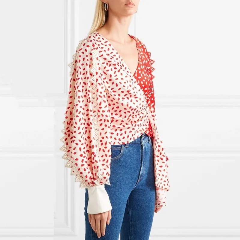 

Hit Colors Crop Tops Blouse Women V Neck Puff Sleeve Bandage Female Spring Fashion Patchwork Lace Print Shirts