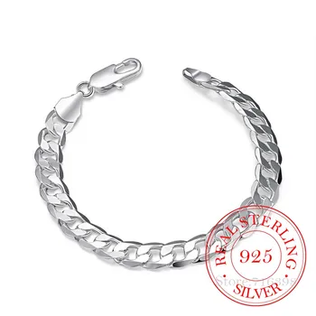 

Men's Fine Jewelry 8 Inch 20cm Bracelet 925 Sterling Silver Fashion Charm 8MM Sideways Flat Chain Bracelets Bangle For Women Men