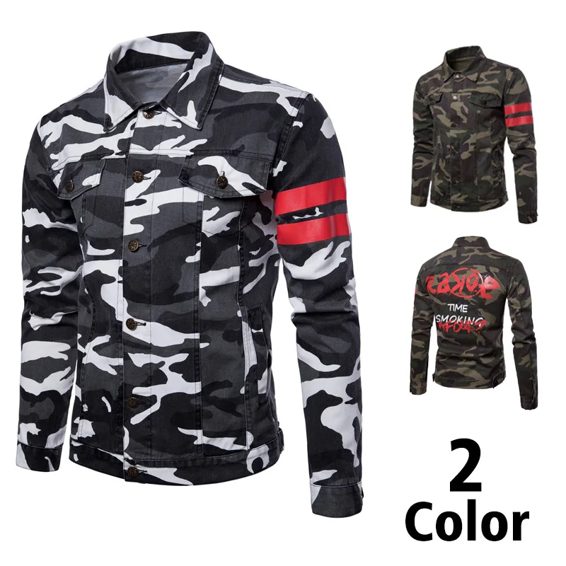 

2020 Spring And Autumn New Style Ouma Washing Retro Camouflage Denim Jacket Sleeves Two Bars Casual Coat