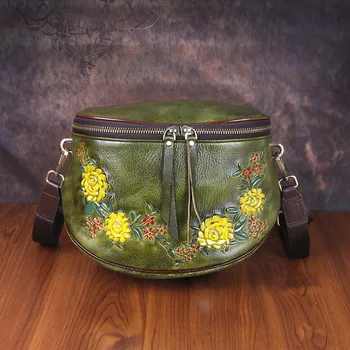 

2020New Top Layer Leather Vintage Hand-Painted Shoulder Bag Genuine Leather Semicircle Messenger Bag Fashion Running Bag