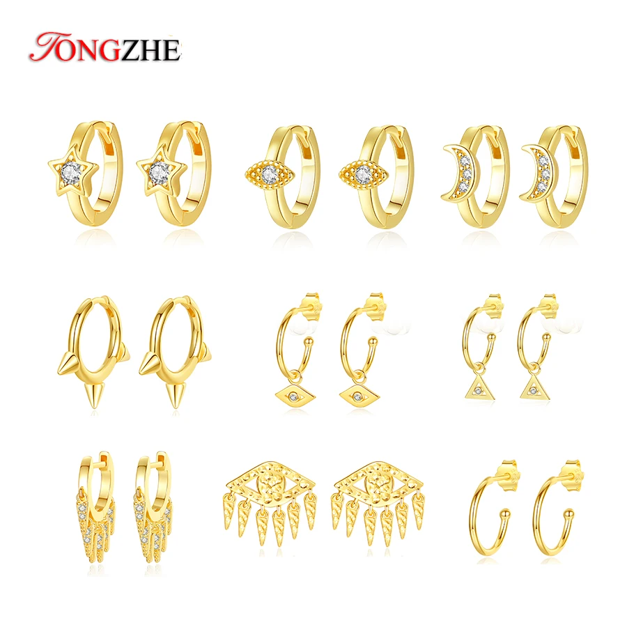 TONGZHE Evil Eye Star Moon Tassel Hoop Earrings 925 Sterling Silver Fashion Jewelry Womens Accessories Gold 2020 | Украшения и