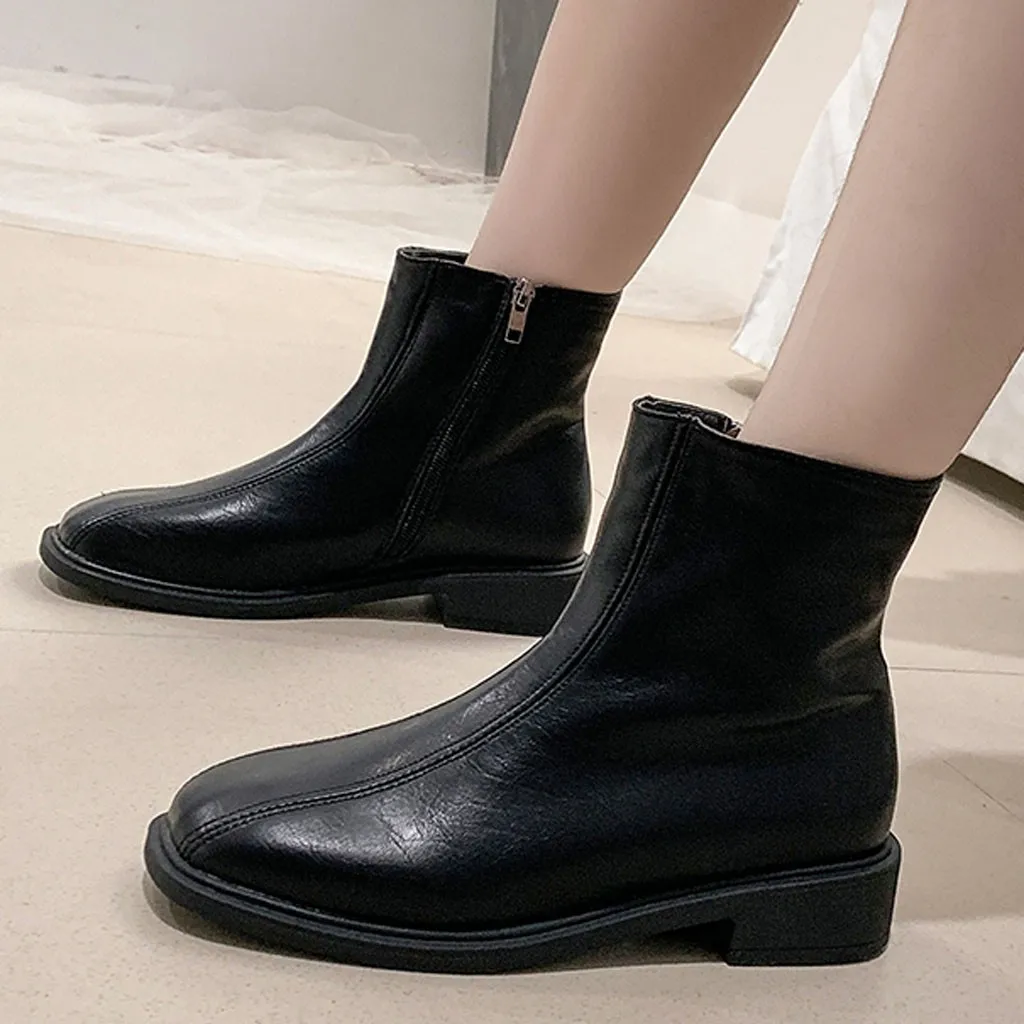 

Women's leather boots zip Short Boots Fashion Round Toe Zipper ankle boots for women with platform chaussures femme#3