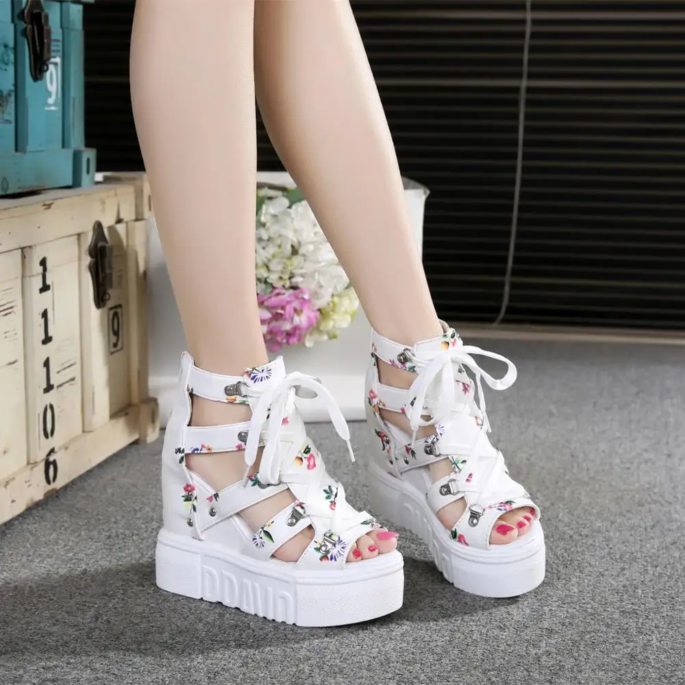 Femme Korean Punk High Top Lace-Up Wedge Talons Hauts Plateforme Toile Baskets Chaussures 