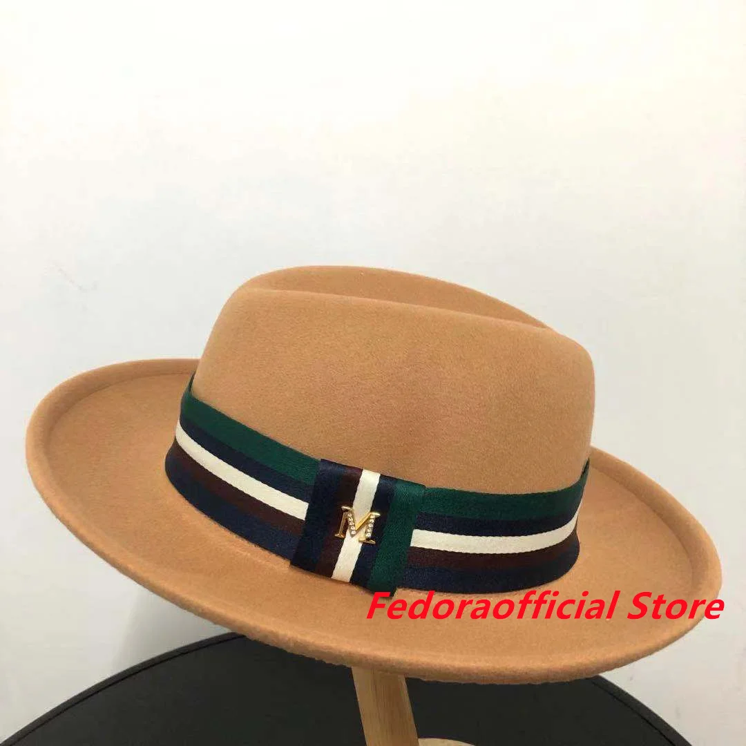 cream fedora hat Wholesale price Fedora hat new oval hat top M logo green ribbon accessories winter men and women felt jazz hat шляпа женская packable fedora