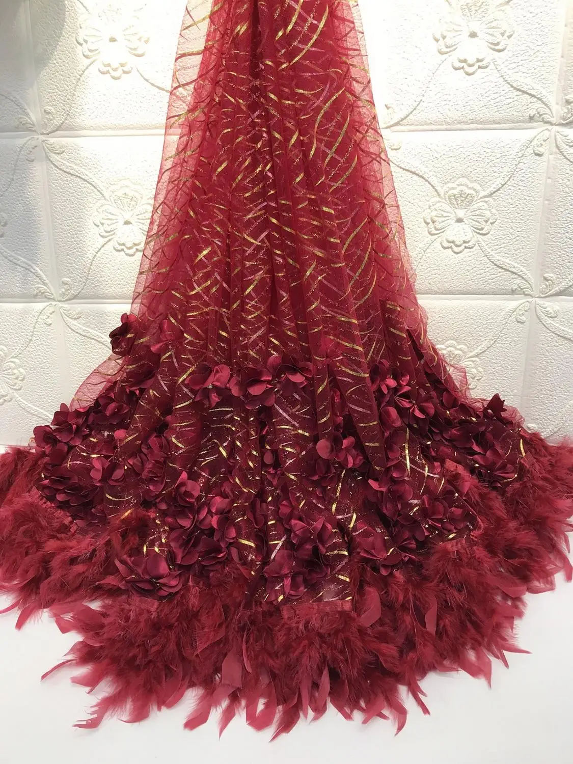 

5 yards high quality with feather embroidered net tulle mesh lace gold french sequins lace fabrics for wedding dress DYS193