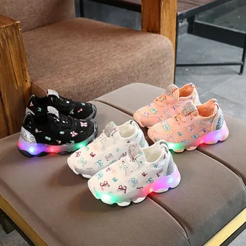 

Children Kid Baby Girls Butterfly Crystal Led Luminous Sport Running Sneakers Shoes Flashing Lights Baby breathable Shoes 2020