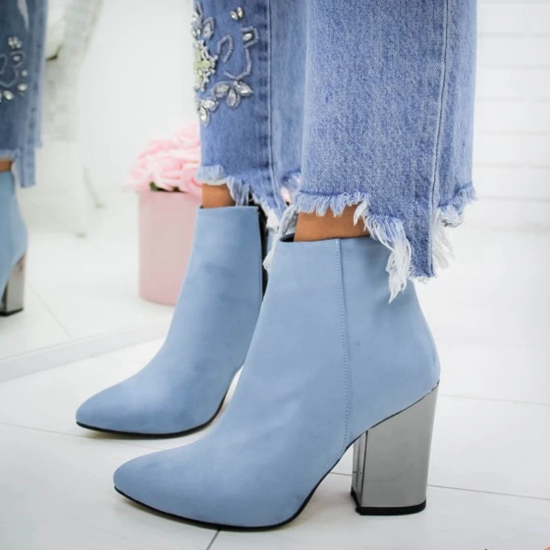 PUIMENTIUA/модные ботинки; женские ботинки с заклепками в европейском стиле; ботинки на высоком каблуке; сезон осень-зима; коллекция года; женская обувь - Цвет: blue 1