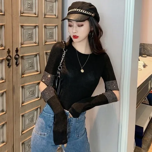 Футболки женские Camiseta feminina черные открытые футболки с бриллиантами тонкие модные брендовые новые осенние Стильные повседневные женские топы с круглым вырезом - Цвет: Черный