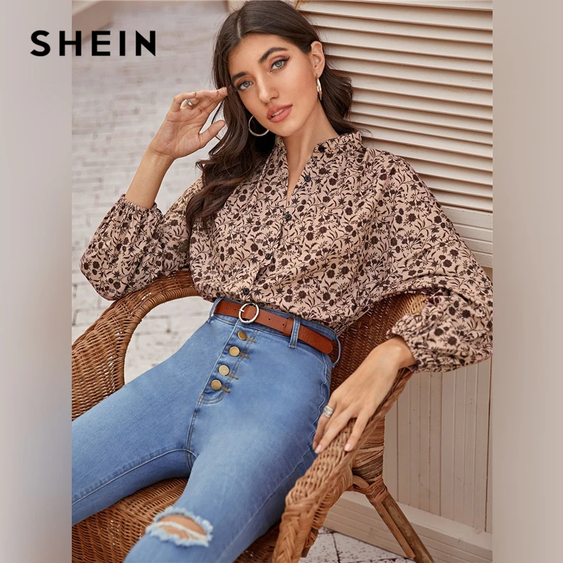  SHEIN Multicolor Mock Neck Ditsy Floral Print Shirt Blouse Women Spring Autumn Button Front Bishop 