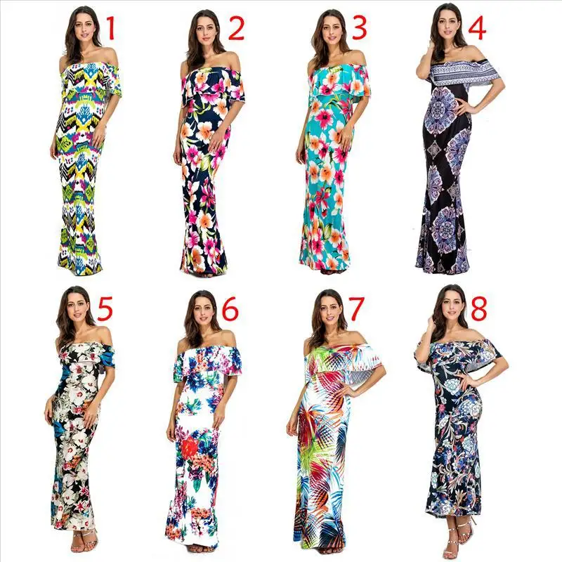 

2017 Summer New Style Europe And America Large Size Horizontal Neck Big Hemline Flounced Printed Dress Dress