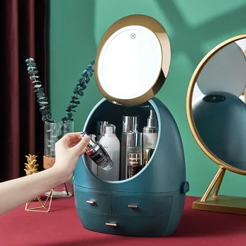 

Luxury Cosmetic Storage Box with LED Makeup Mirror and Skin Care Products Dustproof Shelf