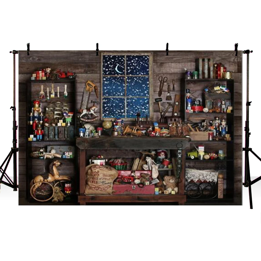 

Christmas Store Shop Snow Window Wood Shed Mechanic Tools Backdrop Photography Studio Background Christmas Backdrop Photo Props