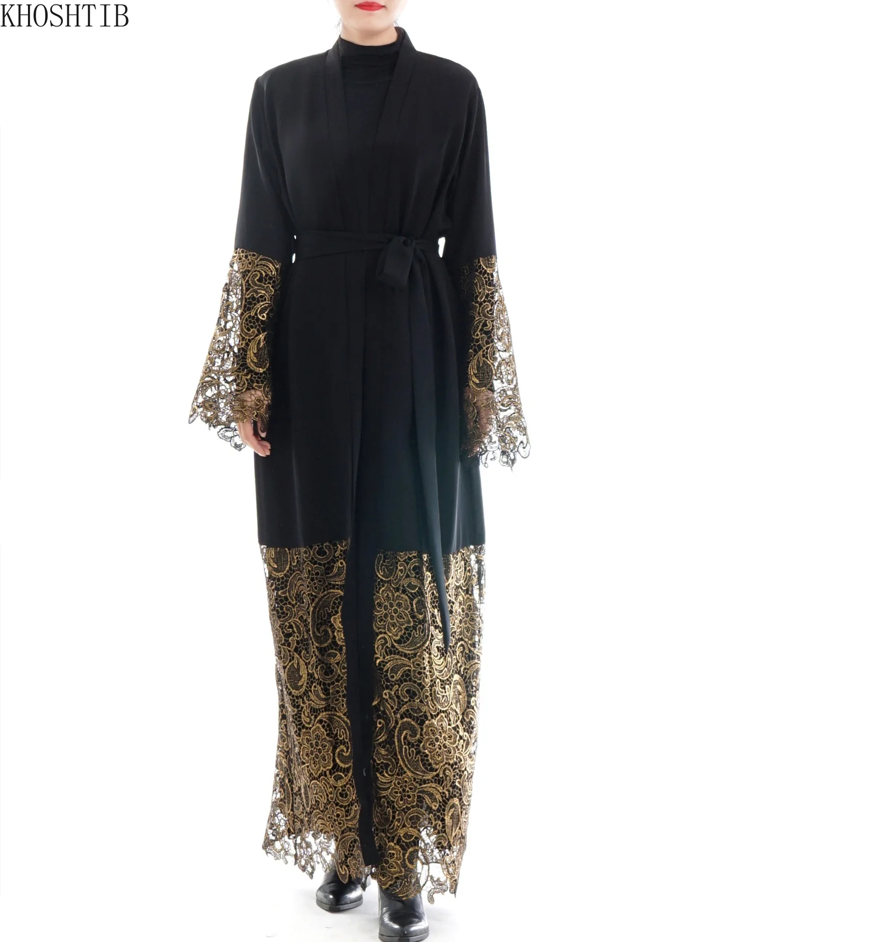 

Khoshtib Muslim maxi dress spring autumn Muslim robe Long sleeve Arab Lace stitching Cardigan Muslim dress