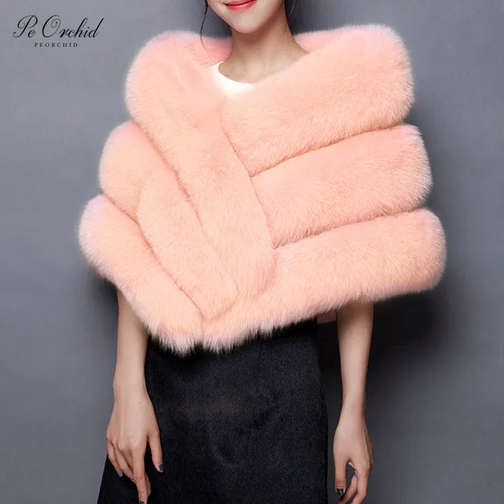 

PEORCHID Pink Bridal Wrap Wedding Bolero Elegante Capa Novia Boda Evening Faux Fur Stole Bride Jacket Winter Coat For Women