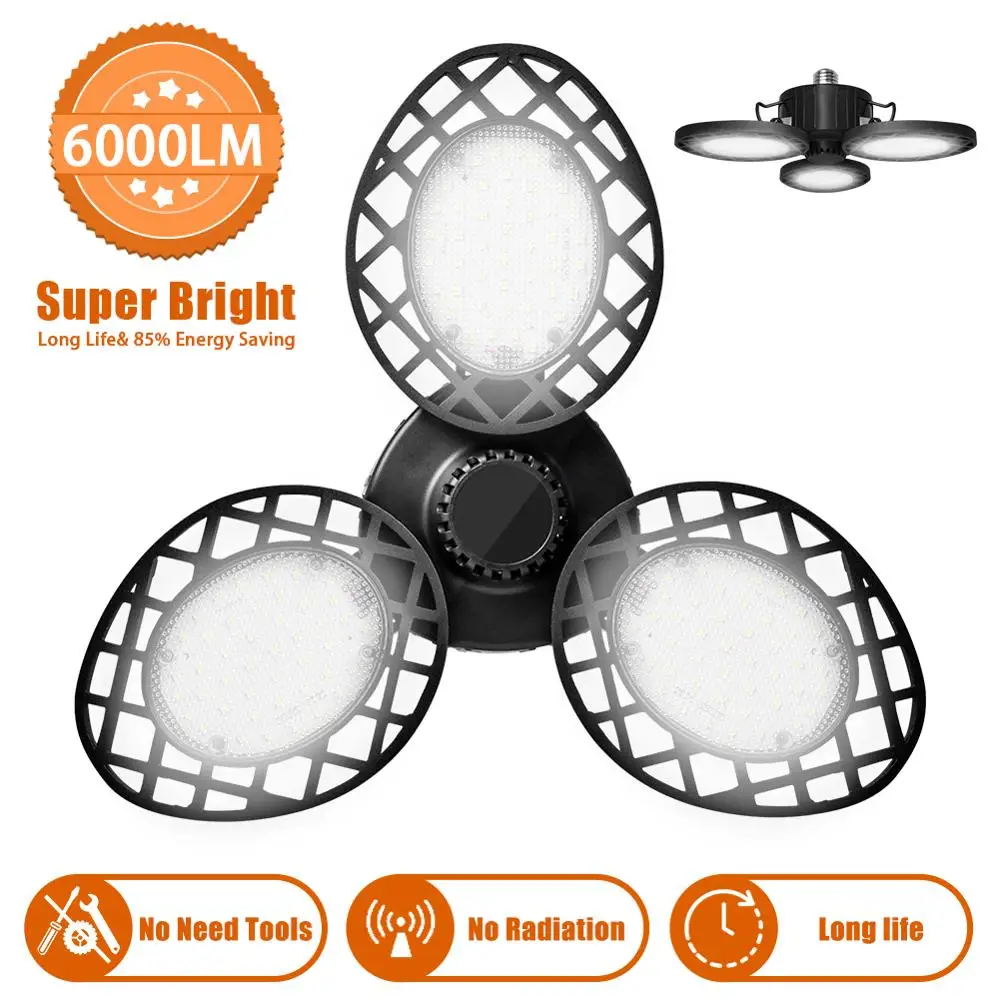 

60W LED Garage Lights Deformable Garage Ceiling Light Workshop Football E26 Basement Light with 3 Adjustable Panels Light Bulbs