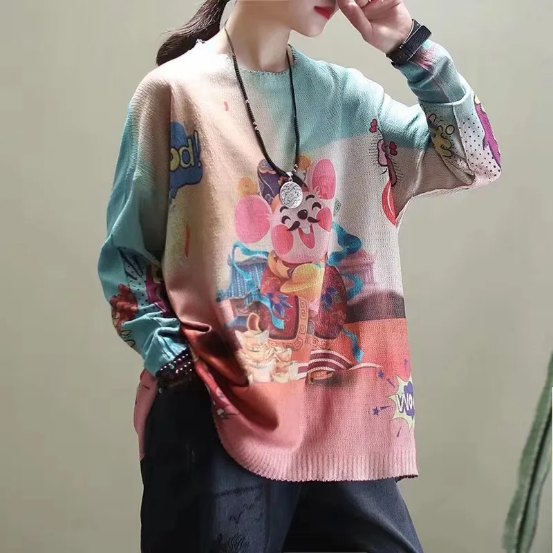 

Women Casual Cartoon Print Pullover Knitted Shirt Vintage Plus Size Long Sleeve Streetwear Tops Blouse Sweaters Ropa De Mujer