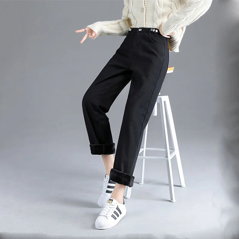 Winter Jeans Women Velvet Fleeces Inside Thickening Denim Pants High Waist Wide Leg Warm Trousers Female Plus Size amiri jeans