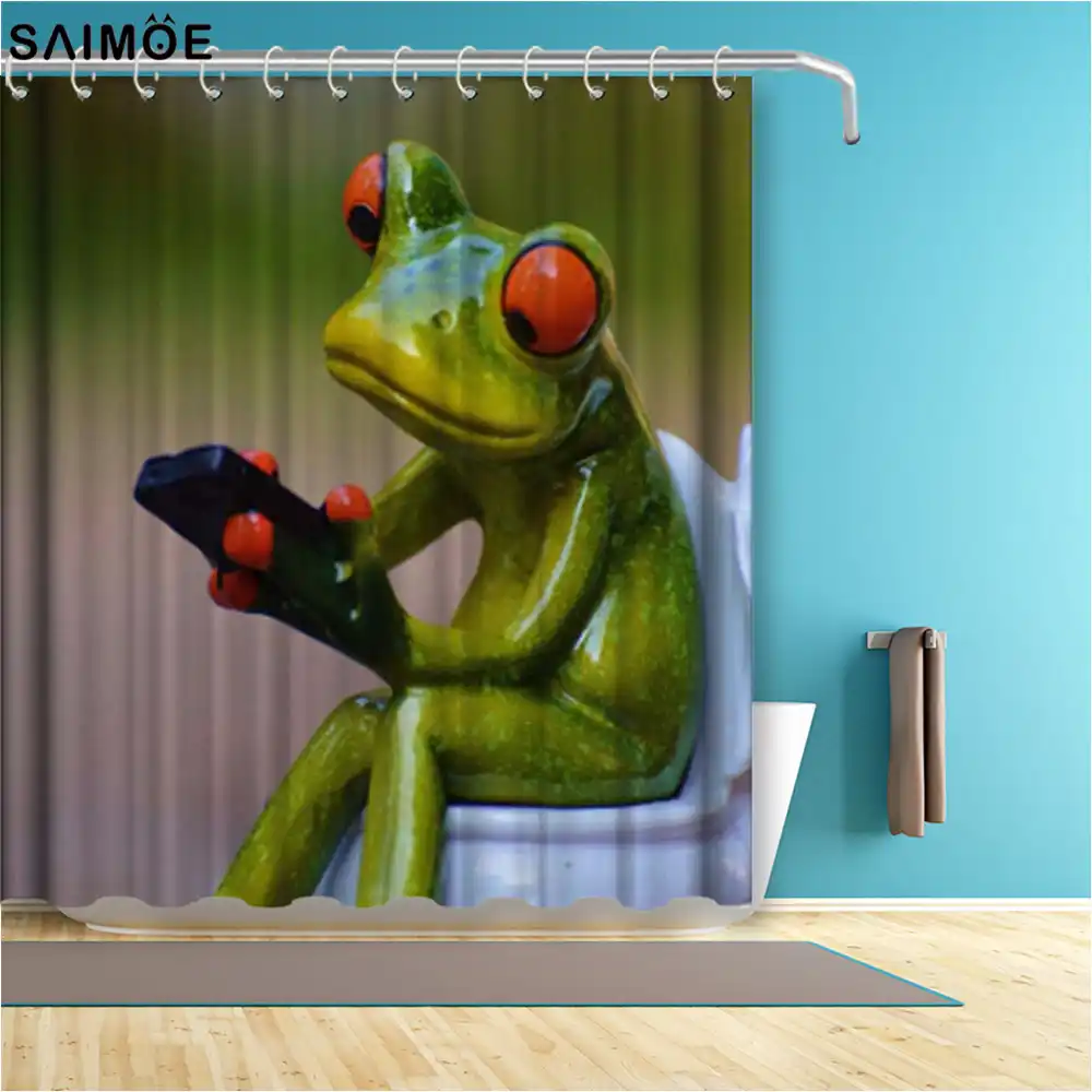Fun Porcelain Frog On Toilet Decor Home Shower Curtain Funny Green Cartoon Animal Polyester Fabric Bathroom Accessories Curtains Shower Curtains Aliexpress