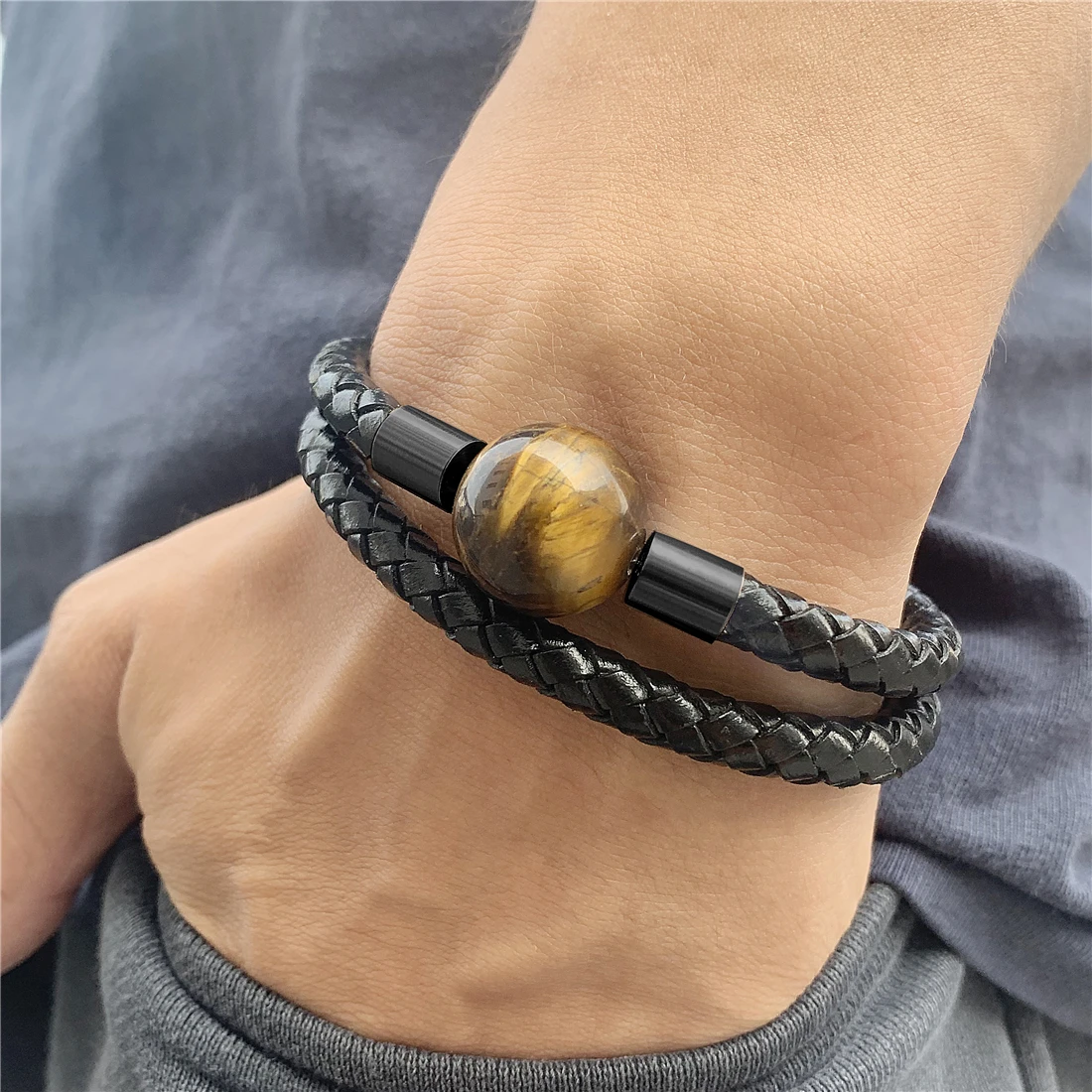 2020 New Punk Bracelet Men Charm Genuine Leather Stainless Steel Magnet Jewelry 16MM Natural Stone Beaded Bracelets Mens Gift | Украшения и