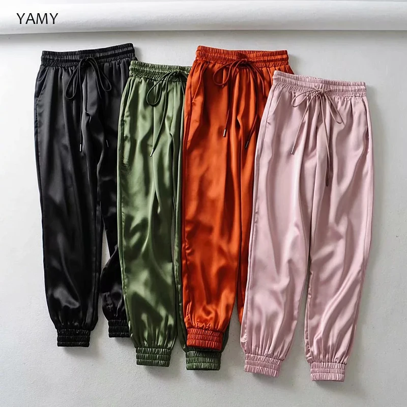Green Pink Satin Pants for Women drawstring Womens Harem Pants Trousers korean loose casual Jogging Pant Sweatpant active Capris Green Pink Satin Pants for Women drawstring Womens Harem Pants Trousers korean loose casual Jogging Pant Sweatpant active Capris