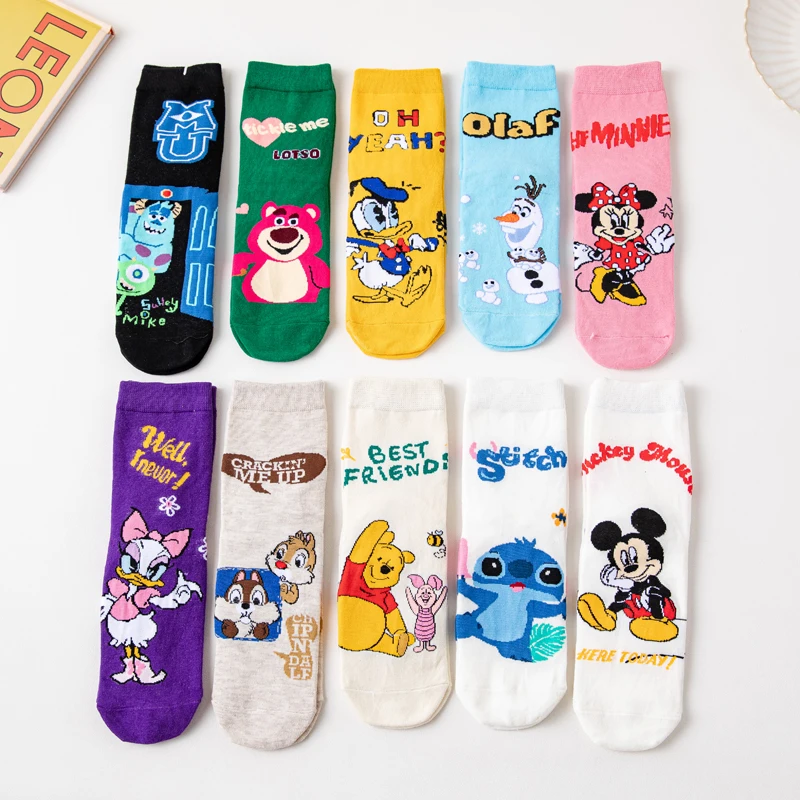 3 Pairs Casual Korea Women socks Cute Kawaii long socks Cartoon Mickey Minnie Donald Winnie Cotton socks girl socks Size 35-42