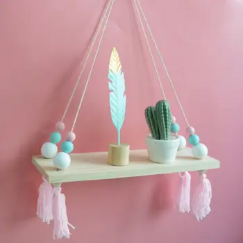

Nordic Wood Beads Wall Clapboard With Tassels DIY Decorative Hanging Shelf Rope Display Stand Decor Storage Swing Bedroom Rack