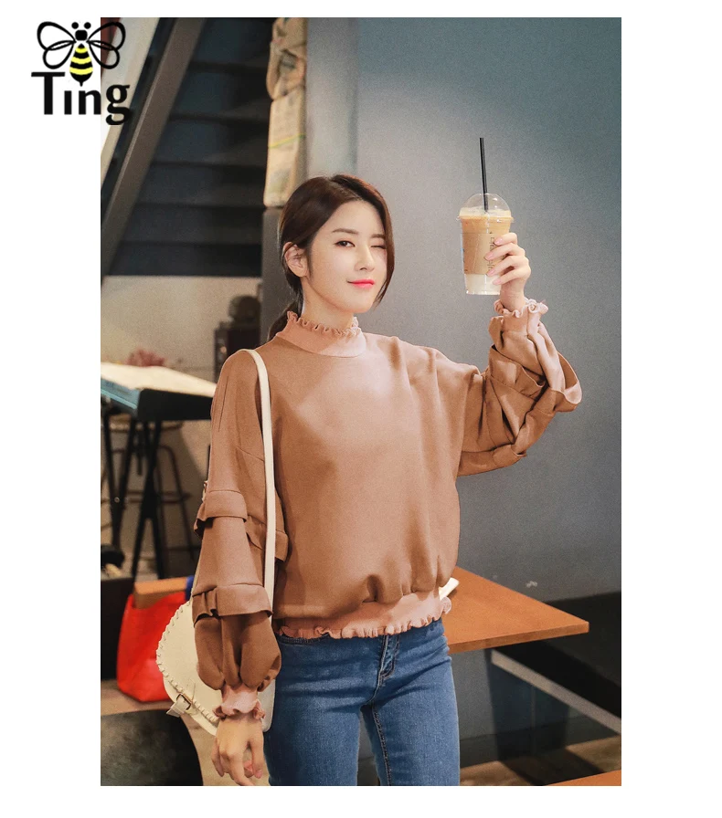 Tingfly New Designer Autumn Winter Suede Pullovers Shirt Ruffles Lantern Full Sleeve Loose Casual Hoodies Tops Streetwear