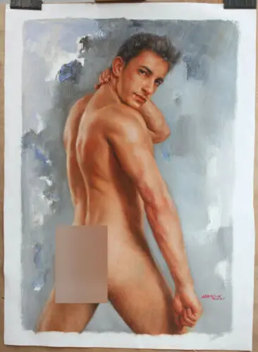 

100%Handmade Hand-painted Artwork nude male original oil painting on canvas men's torso back signed 24x36"