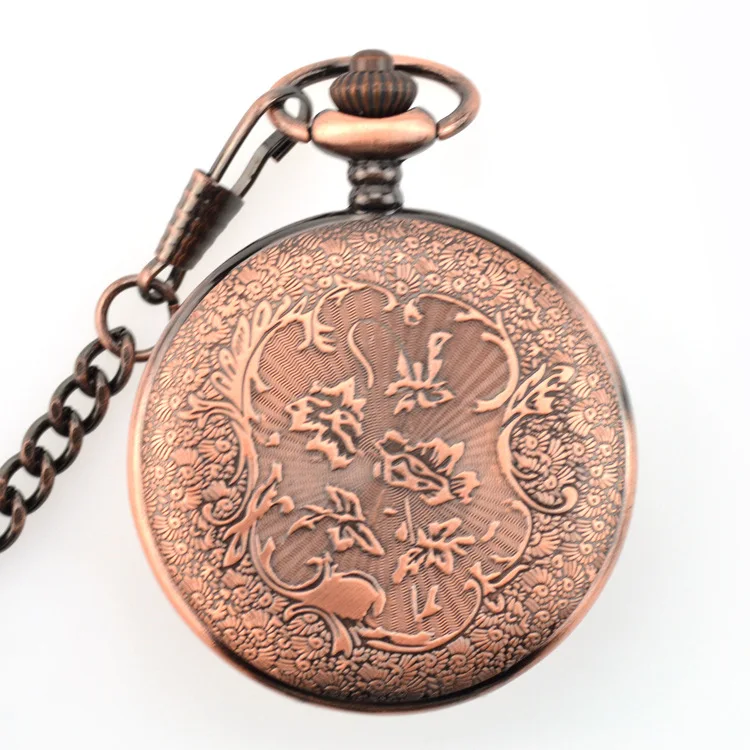 

New Red copper Color Ancient Memorial Clock Mens Pocket Watch Steampunk Skeleton for Mens Pocket watch Watches Chain 37.5CM
