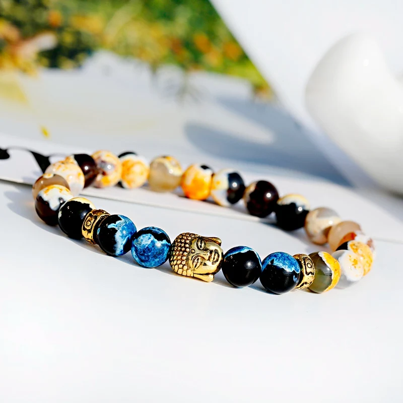 Ethnic Silver Buddha Alloy Purple Stone Beaded Bracelet For Women Buddhism Yoga Bracelet Men Bangles Homme Jewelry