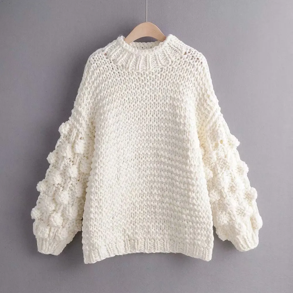 

3D Flower Hook Sweater Coarse Women Lantern Sleeved Knitted Sweater Pullover Loose Casual 3D Yarn Ball Warm Sweater