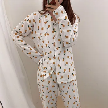 

Alien Kitty Lovely Gentle Autumn 2020 Female New Pear Printed Cotton Pajamas Women Korean Casual Long Sleeve Pants Home Wear