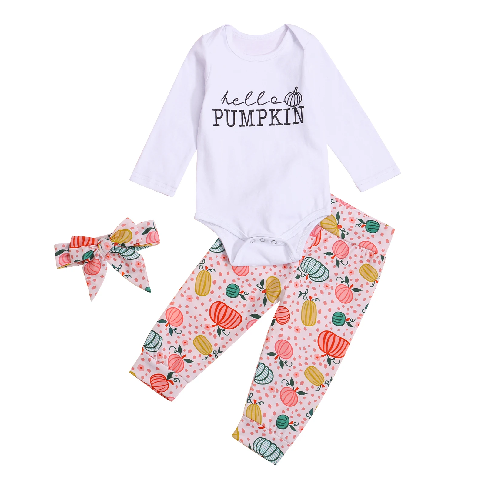3pcs Baby Girls Halloween Outfits, Letters Long Sleeves Romper + Pumpkin Print Pants + Hairband