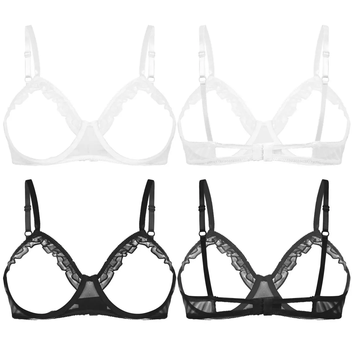 Sexy Women's Open Cup Bra Ruffles See Through Mesh Bare Breast