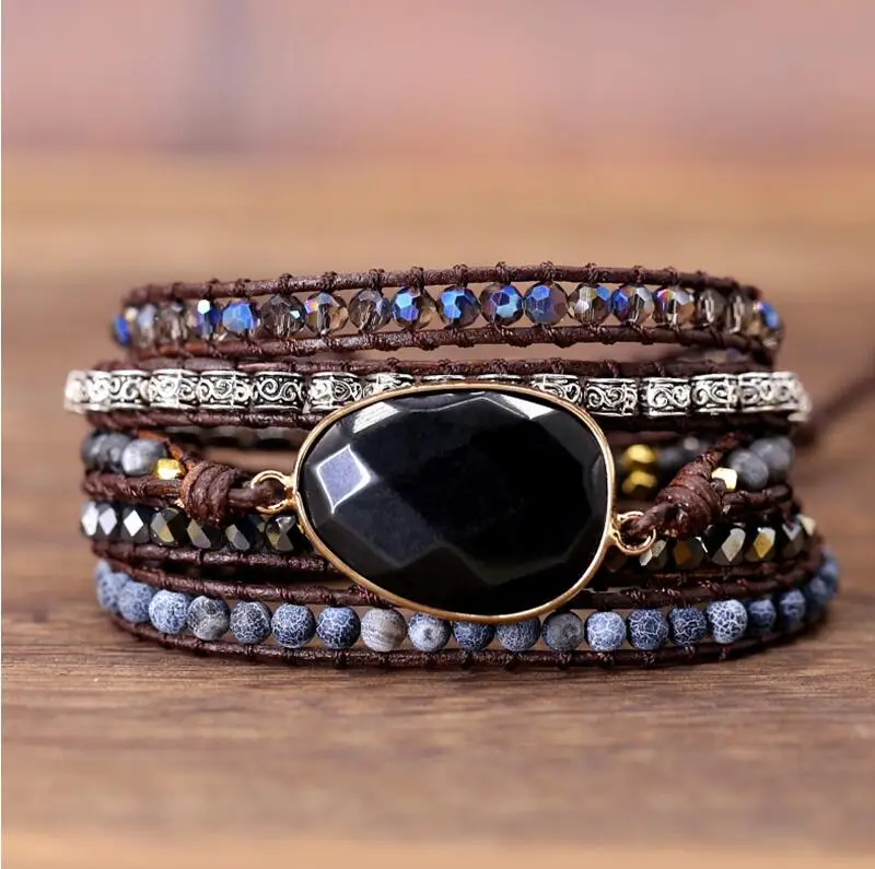 Skup 2019 ekskluzywna bransoletka en cuir noir Onyx Mix 5 brins femmes i hommes bransoletki d enveloppement bransoletka bohème cadeau bijoux li