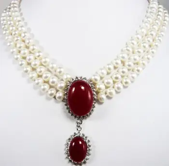 

Fashion jewelry Free Shipping gift ! Wholesales -Jewelry Christmas Beautiful 3 rows White pearl & red jades pendant necklace