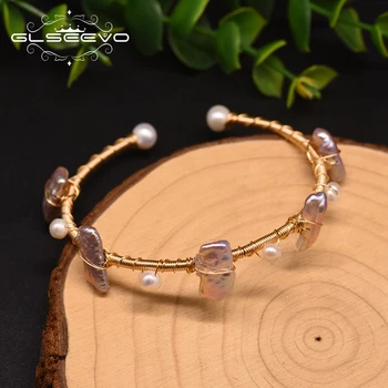 

GLSEEVO Original Design Natural Pink Baroque Pearl Bangle For Women Baby Wedding Bridesmaid Gift Handmade Fashion Jewelry GB0915