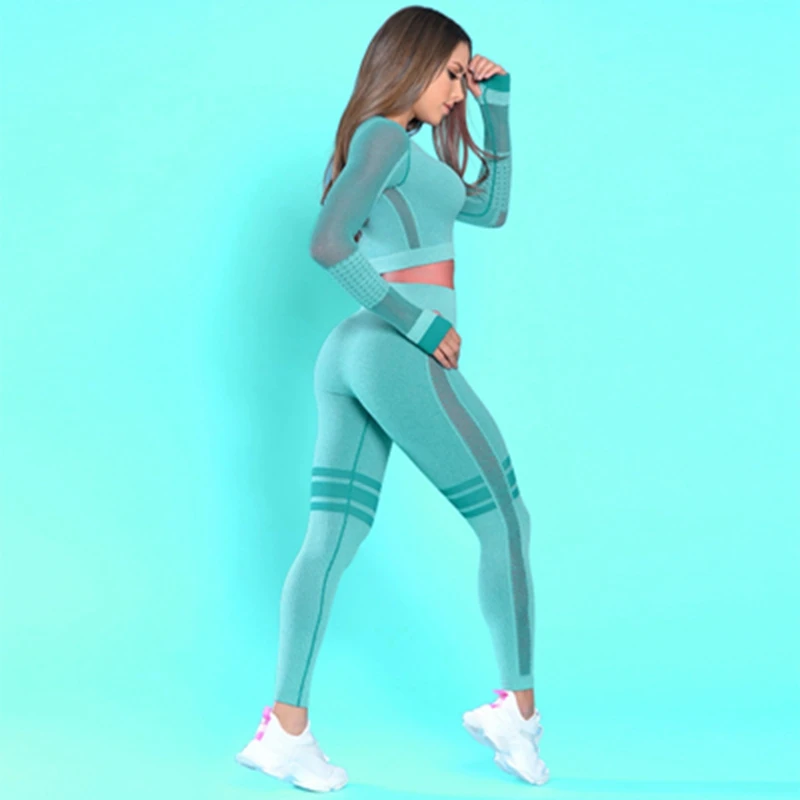 Сетчатый дышащий спортивный костюм, женская одежда для йоги, бесшовный спортивный костюм с длинными рукавами для бега, спортивный костюм, спортивный костюм для тренировок, танцевальный комплект, штаны