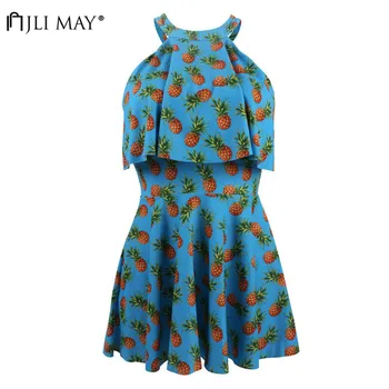 

JLI MAY Pineapple Print Women Swimsuit Sexy South Korean Skirt Style Split Swimwear Gathering Bikini Sets One Piece Beachwwear