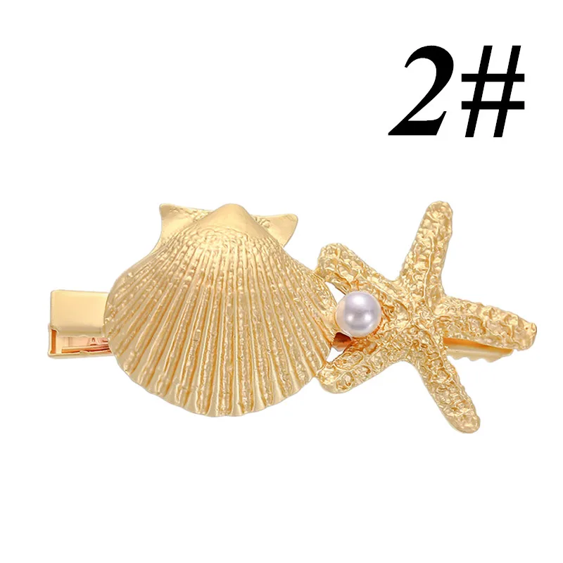 Shell starfish 1 шт., Модный золотой цвет, Морской стиль, аксессуары для волос для девочек, имитация жемчуга, драгоценный камень, металлическая Морская звезда, Форма раковины, боковая Шпилька для девочек - Цвет: Shell starfish