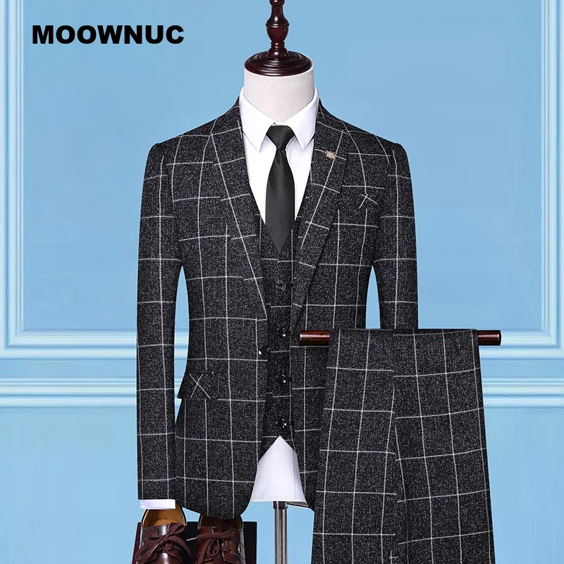 MOOWNUC, мужские костюмы, Новое поступление, мужские свадебные платья, высокое качество, клетчатые повседневные Костюмы, одноцветные, приталенные, подходят размера плюс, блейзеры, костюмы - Цвет: Черный