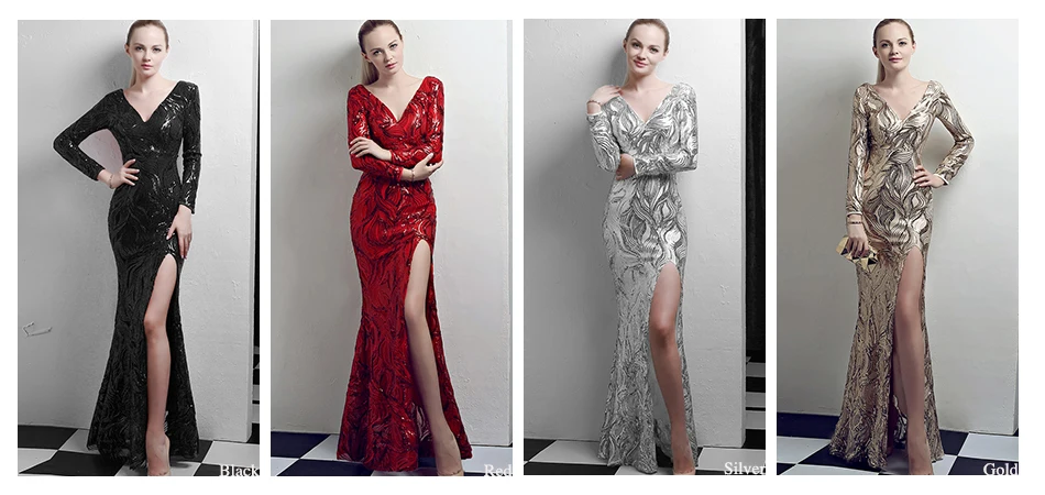 Вечернее платье Русалка, длинное, расшитое блестками, Robe De Soiree, DX336-2,, длинные рукава, женские вечерние платья, золотые сексуальные вечерние платья с v-образным вырезом